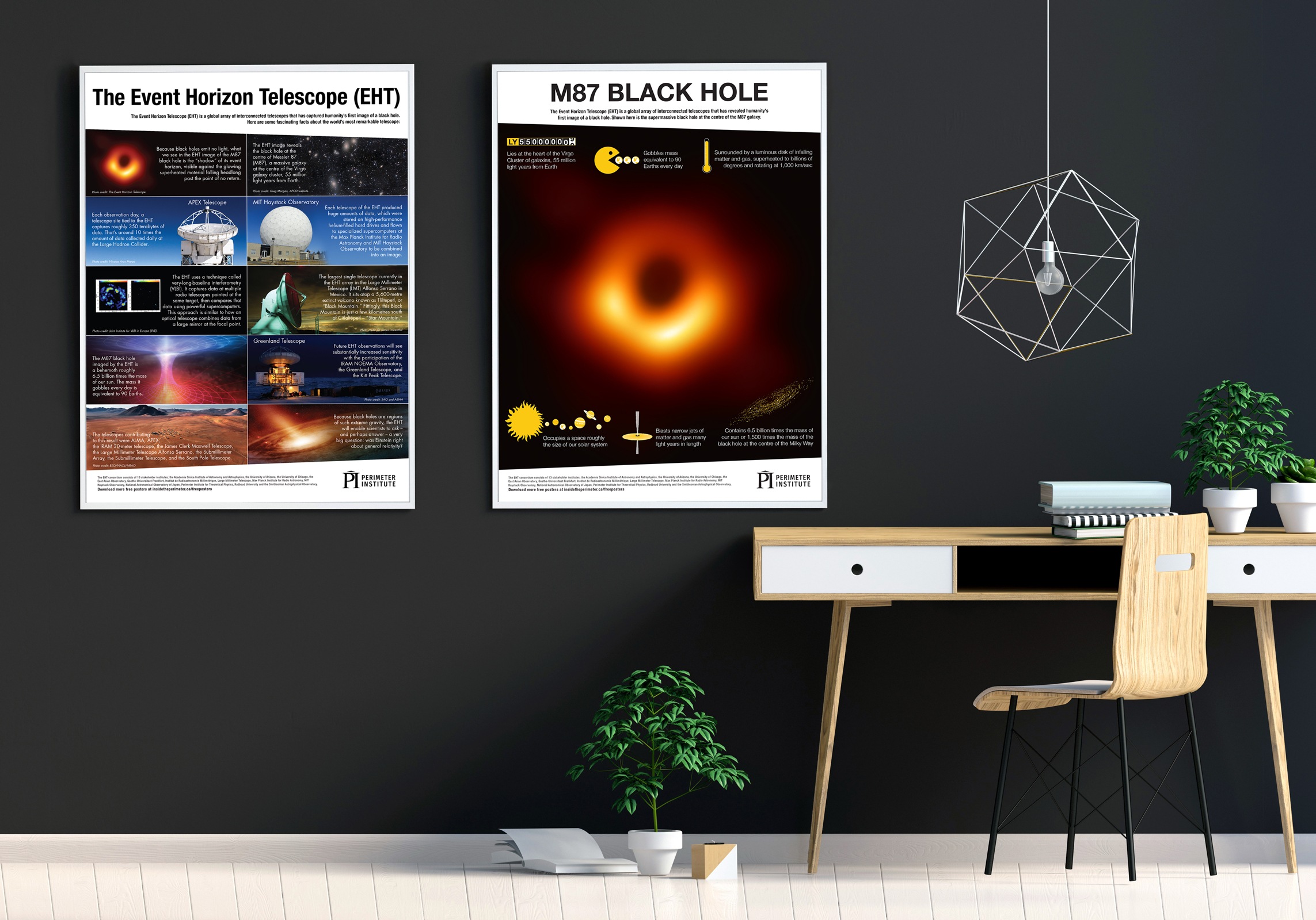 de grandes affiches dans un bureau élégant montrant l'EHT et la première image du trou noir