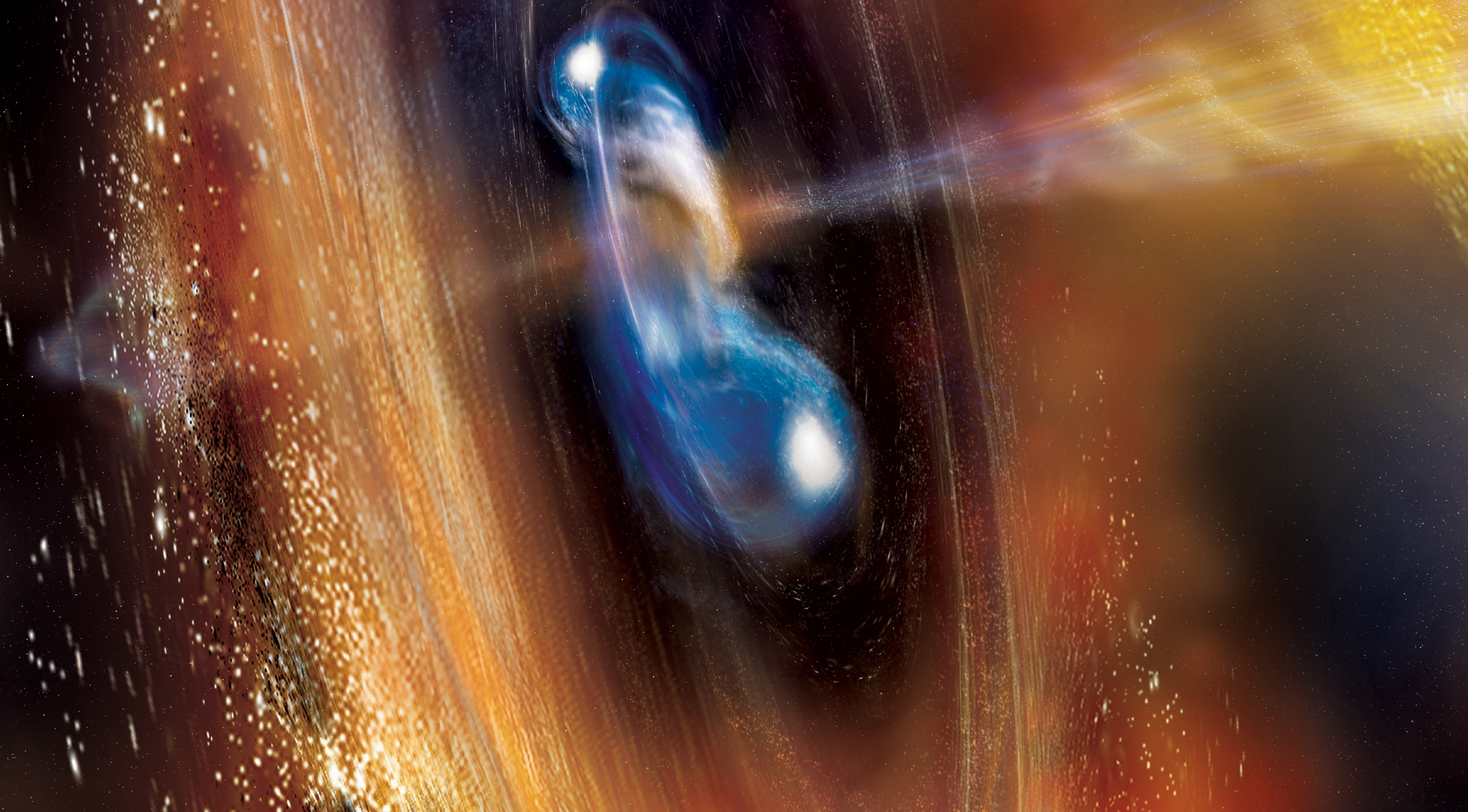 Two neutron stars begin to merge in this illustration, blasting a jet of high-speed particles and producing a cloud of debris. Scientists think these kinds of events are factories for a significant portion of the universe’s heavy elements, including gold. Credit: A. Simonnet (Sonoma State University) and NASA’s Goddard Space Flight Center