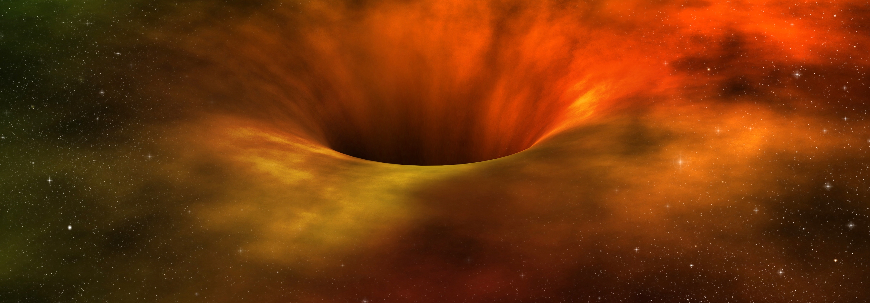 Galaxy image with orange and yellow light falling into a black hole