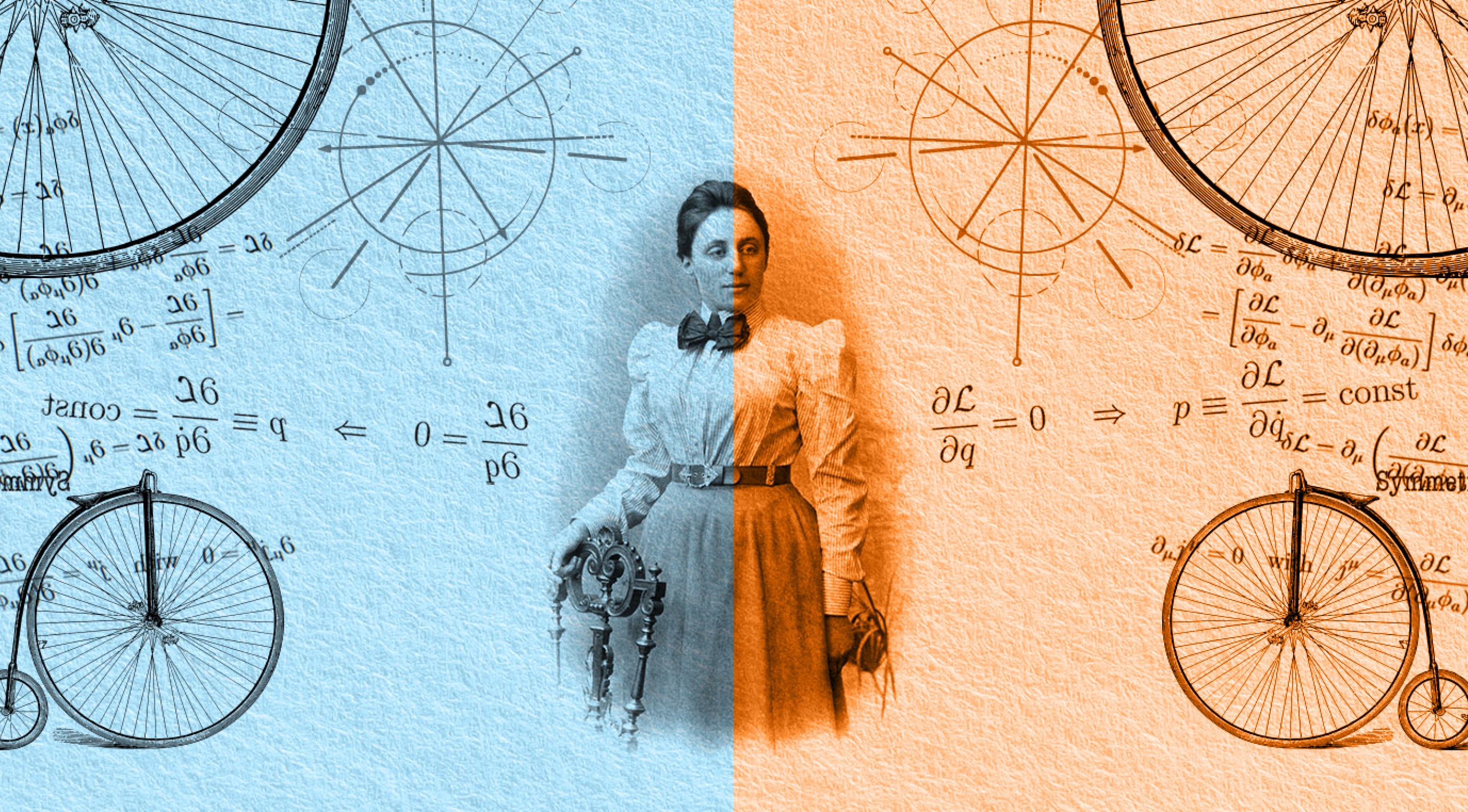 Collage of Emmy Noether and equations with one half blue and the other half orange