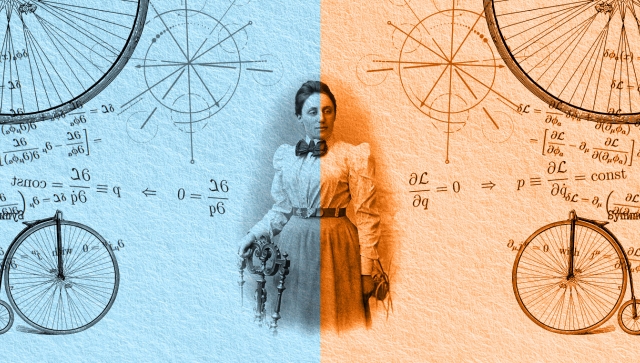 Collage of Emmy Noether and equations with one half blue and the other half orange
